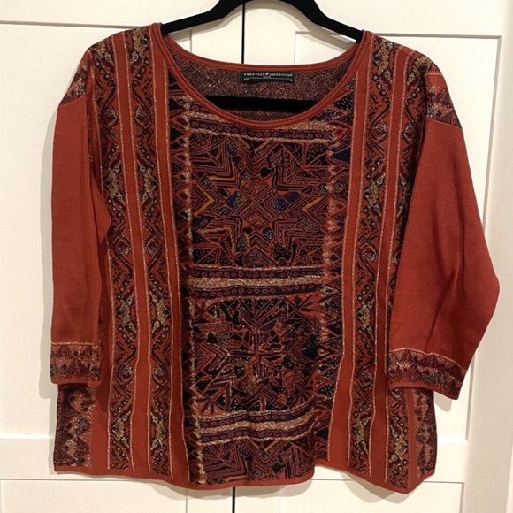 Size Medium Peruvian Connection Red Native American Pattern 3/4 Sleeve Top - Picture 1 of 4